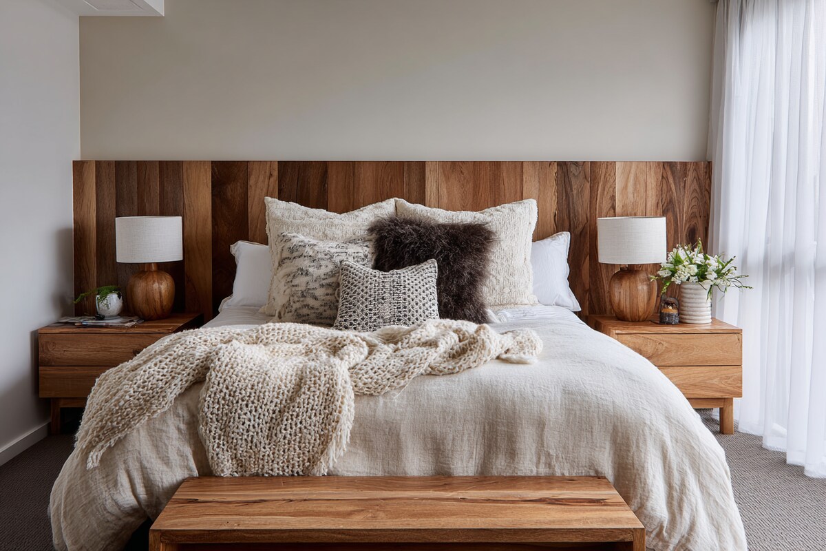Modern Bedroom Design With A Queen Size Bed And Wooden Side Tables Modern Bedroom Design With A Queen Size Bed And Wooden Side Tables