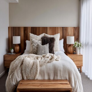 Modern Bedroom Design With A Queen Size Bed And Wooden Side Tables