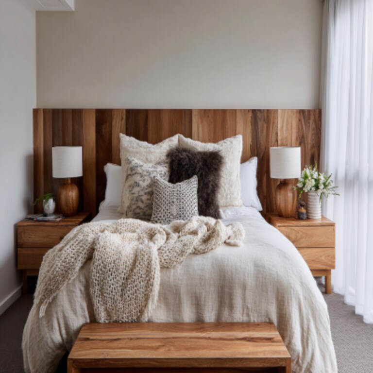 Modern Bedroom Design With A Queen Size Bed And Wooden Side Tables