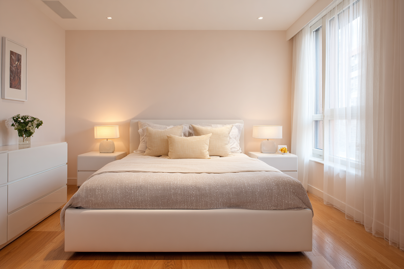 Modern Bedroom Design With A White Bed And Side Tables With Drawer Storage
