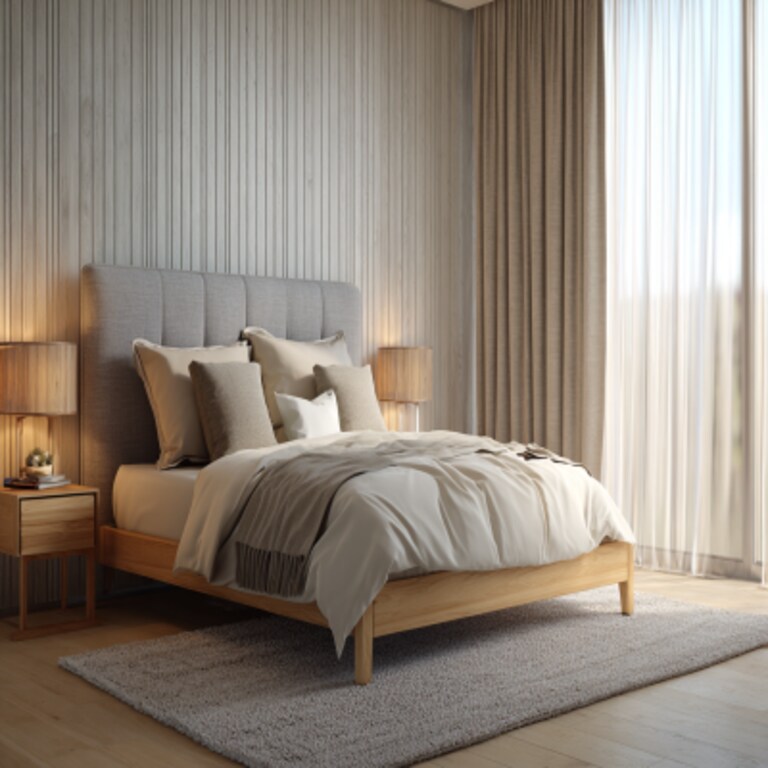 Modern Bedroom Design With A Wooden Double Bed With A Grey Headboard