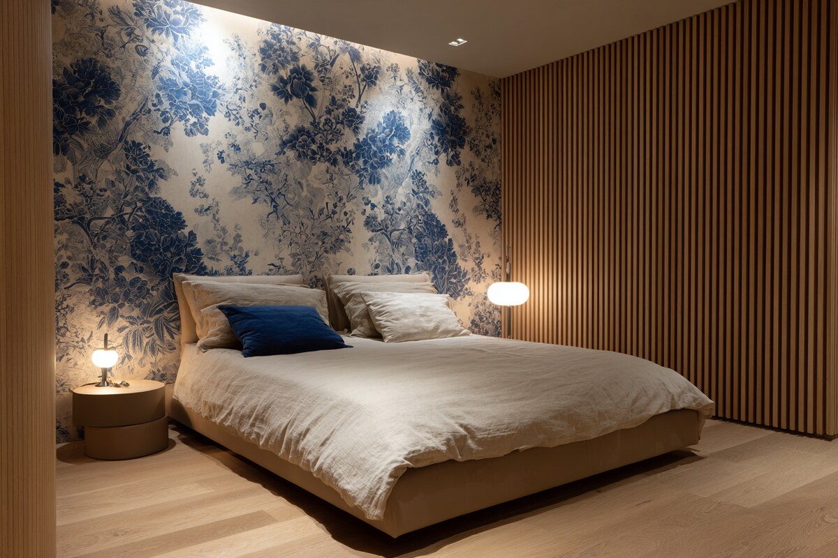 Modern Bedroom Design With Blue And White Patterned Wallpaper And Brown Fluted Panelling Modern Bedroom Design With Blue And White Patterned Wallpaper And Brown Fluted Panelling