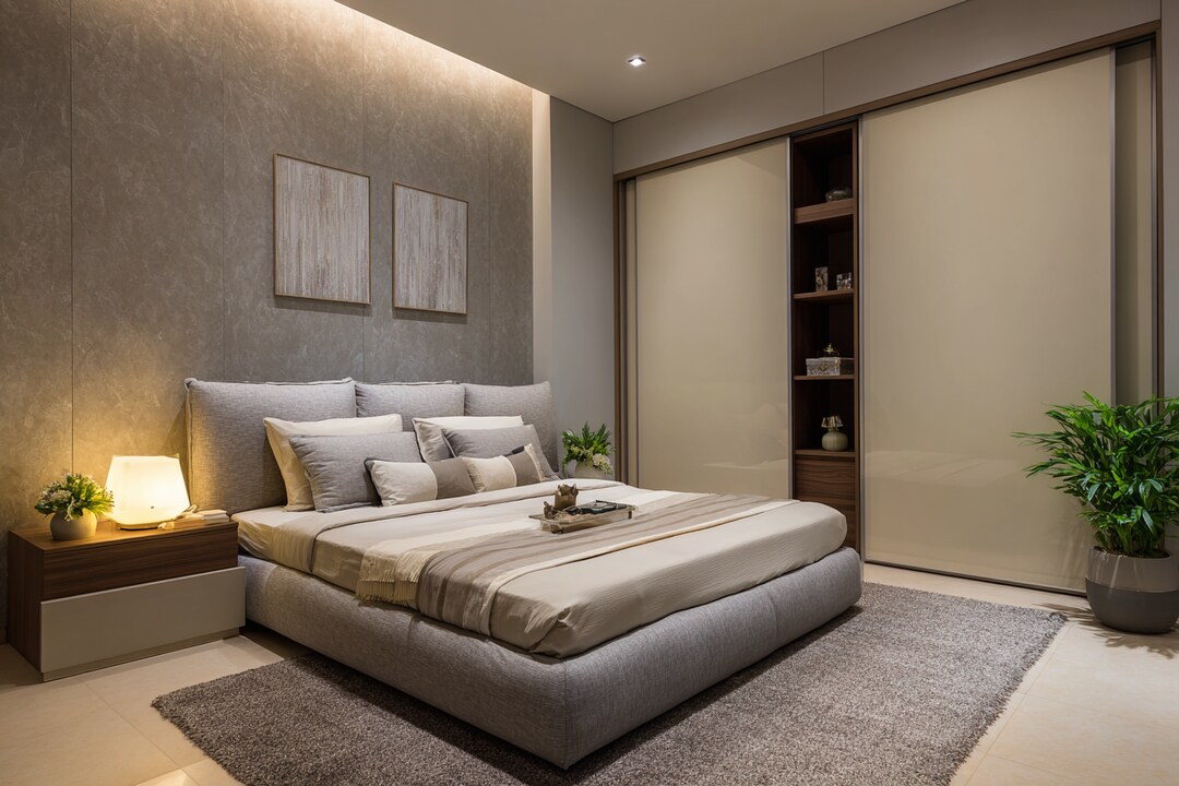 Modern Bedroom Design With Grey Upholstered Bed And Beige Sliding Wardrobe