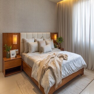 Modern Bedroom Design With Queen Size Bed And Wooden Side Tables