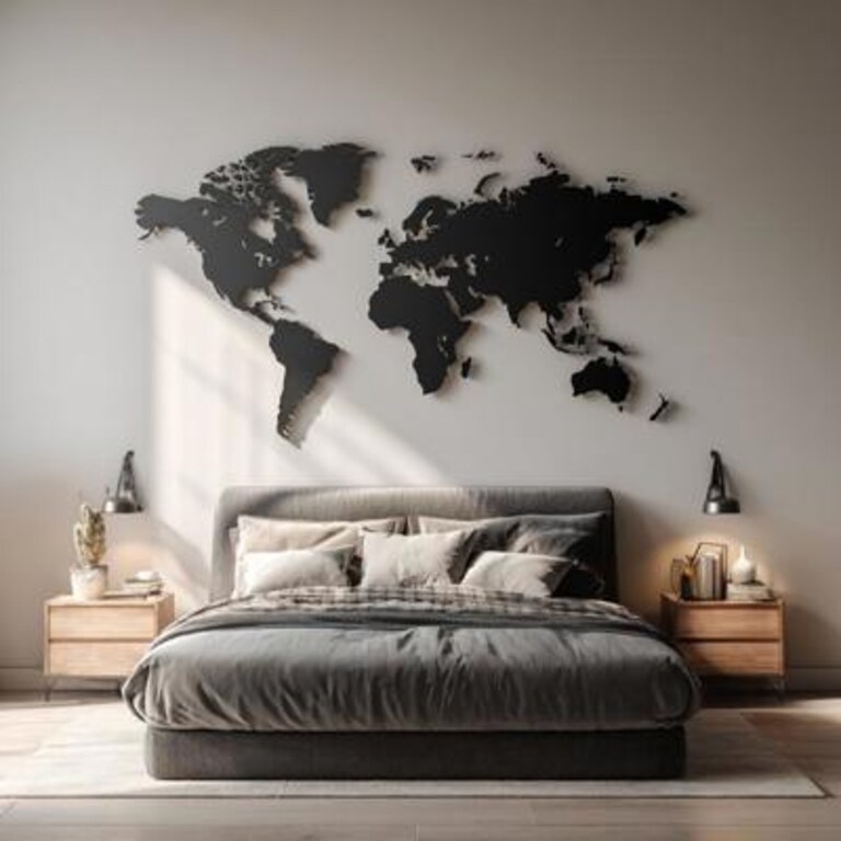 Modern Bedroom Wall Design With Black Metal World Map Decor Modern Bedroom Wall Design With Black Metal World Map Decor
