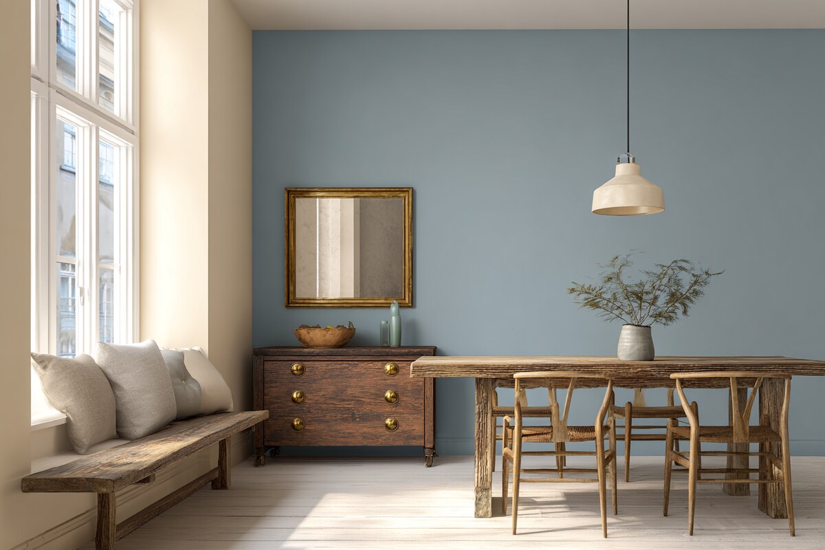 Modern Beige and Blue Wall Colour Combination for Dining Room with Wooden Bench and Vintage Sideboard Modern Beige and Blue Wall Colour Combination for Dining Room with Wooden Bench and Vintage Sideboard