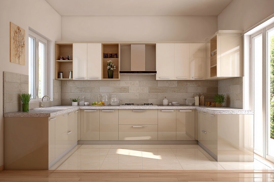 Modern Beige and Champagne L-Shaped Kitchen Design with Granite Top