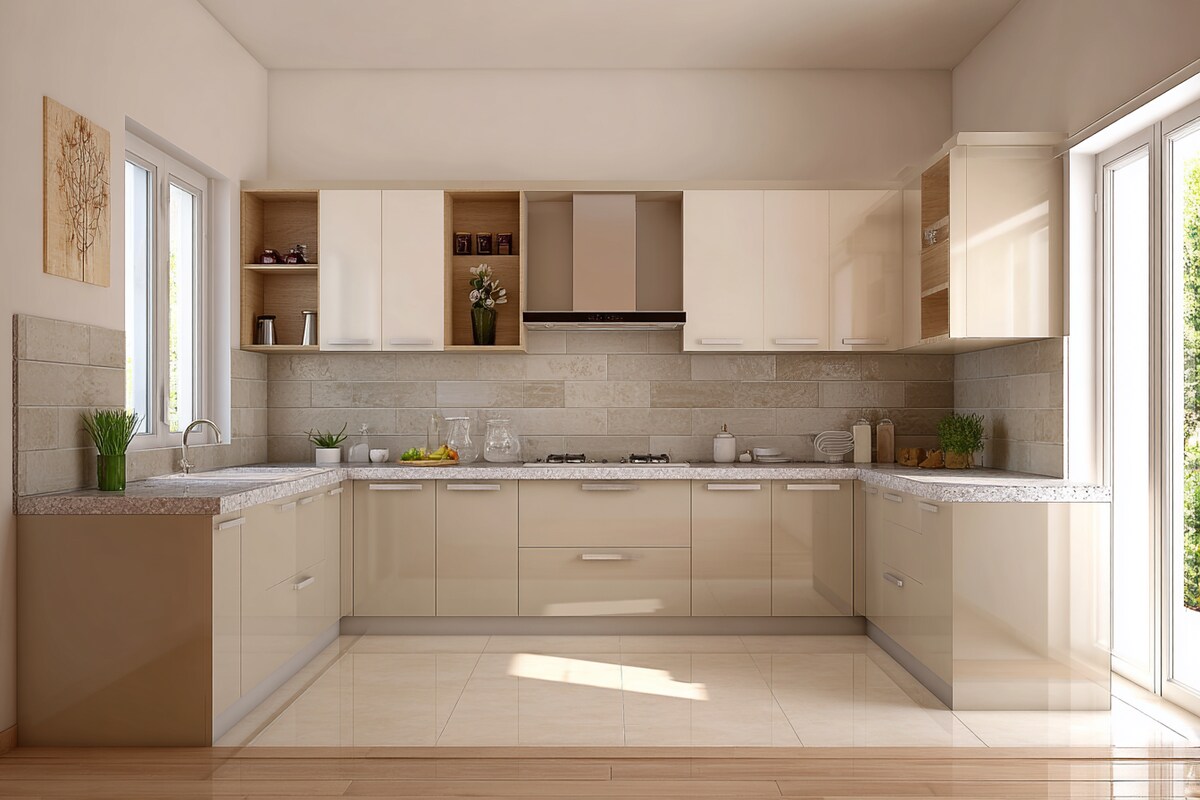 Modern Beige and Champagne L-Shaped Kitchen Design with Granite Top Modern Beige and Champagne L-Shaped Kitchen Design with Granite Top