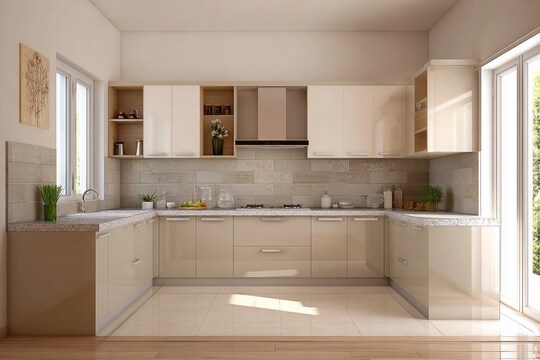 Modern Beige and Champagne L-Shaped Kitchen Design with Granite Top