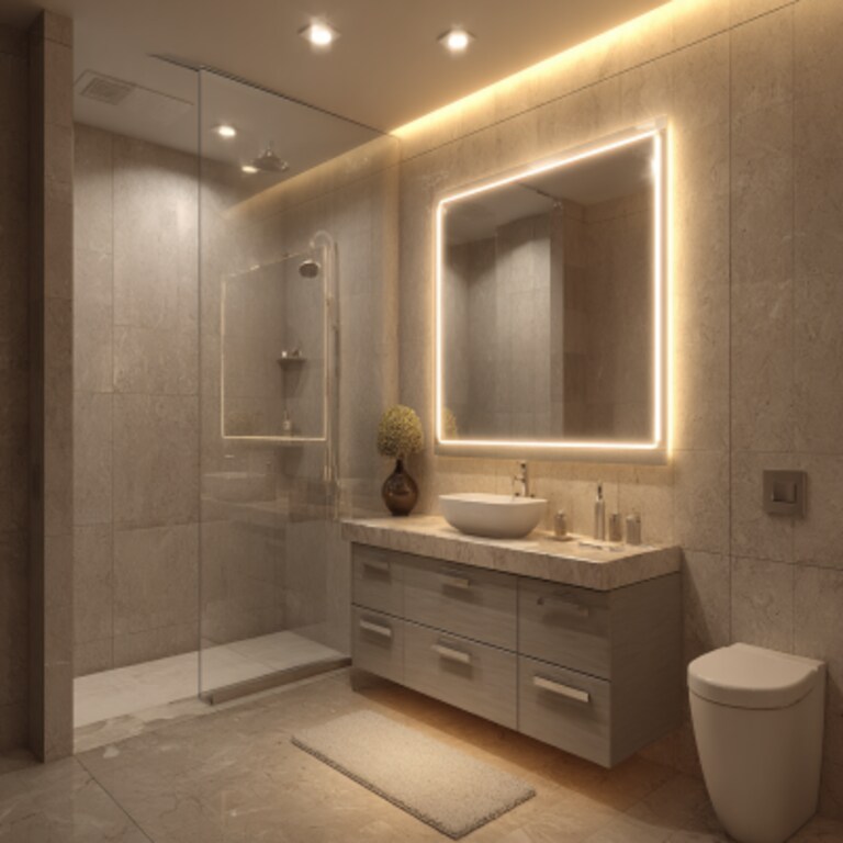 Modern Beige Bathroom Design With Profile Lighting