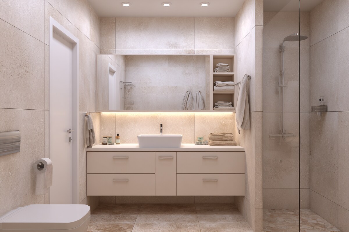 Modern Beige Bathroom Design With Storage Cabinets Modern Beige Bathroom Design With Storage Cabinets