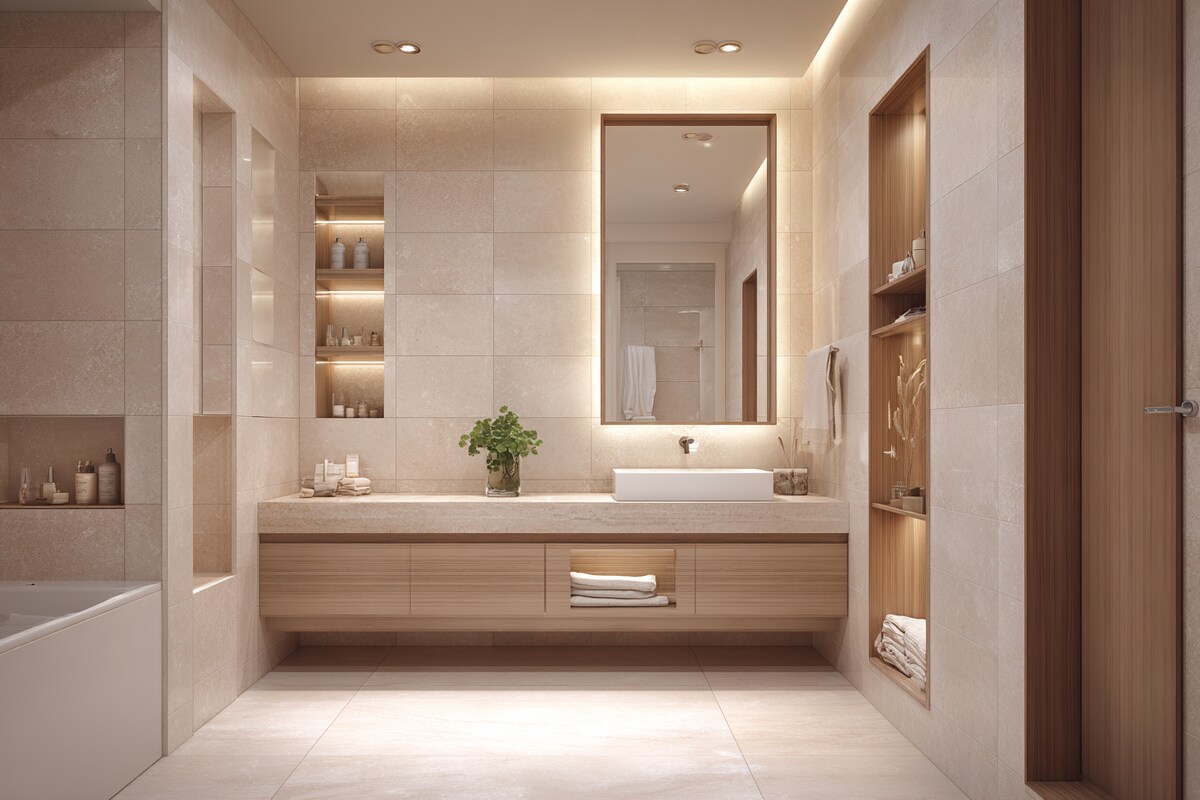 Modern Beige Bathroom Design With Wall Storage
