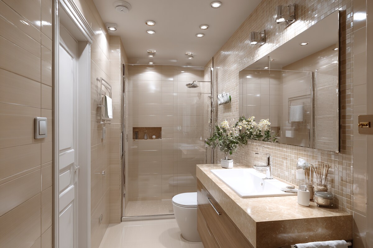 Modern Beige Small Bathroom Design Idea With Quartz Countertop