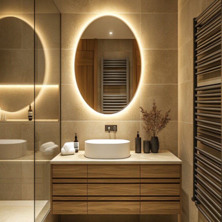 Modern Beige-Tiled Bathroom Design with Round Mirror and Slatted Vanity