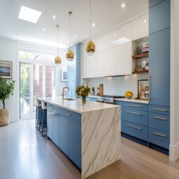 Modern U Shaped Kitchen Design with Two-Tone Cabinetry and Marble ...