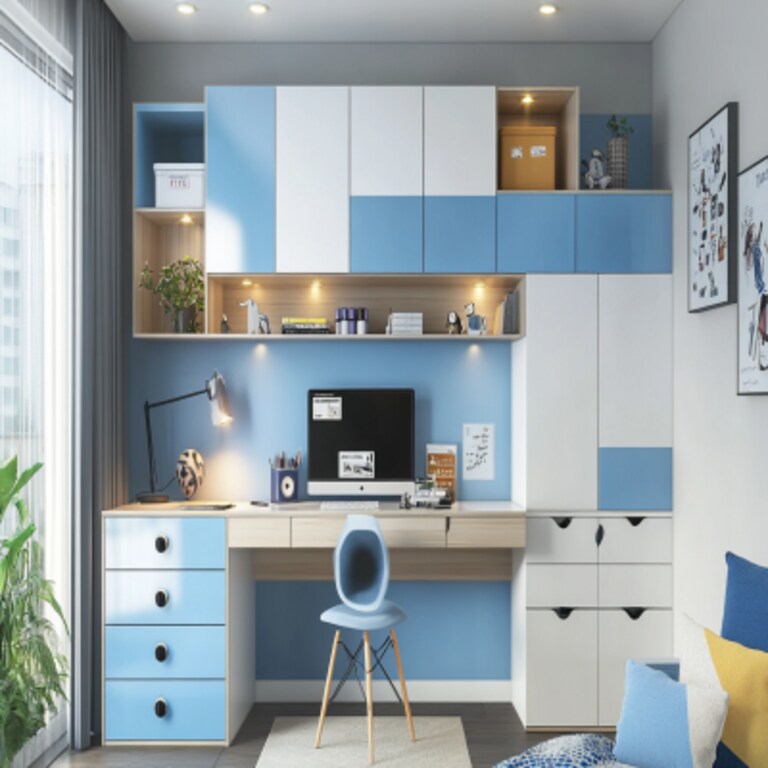 Modern Blue And White Study Room Design With Loft Storage Modern Blue And White Study Room Design With Loft Storage