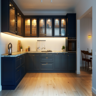 Modern Blue L-Shaped Kitchen Design with Glass Cabinets