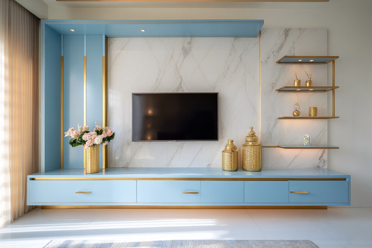 Modern Blue TV Unit Design With Gold Accents and Marble Backdrop