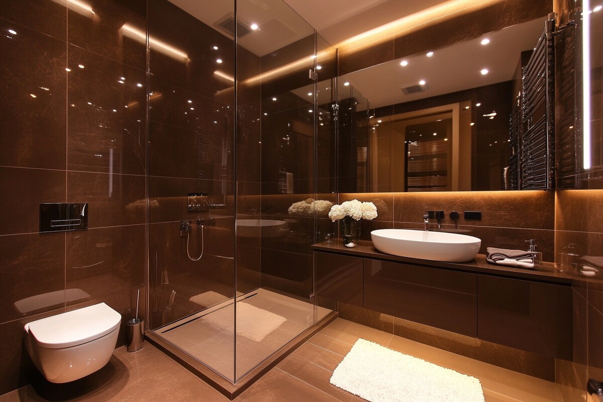 Modern Brown Bathroom Design with Glossy Finish and Integrated Lighting Modern Brown Bathroom Design with Glossy Finish and Integrated Lighting