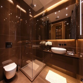 Modern Brown Bathroom Design with Glossy Finish and Integrated Lighting