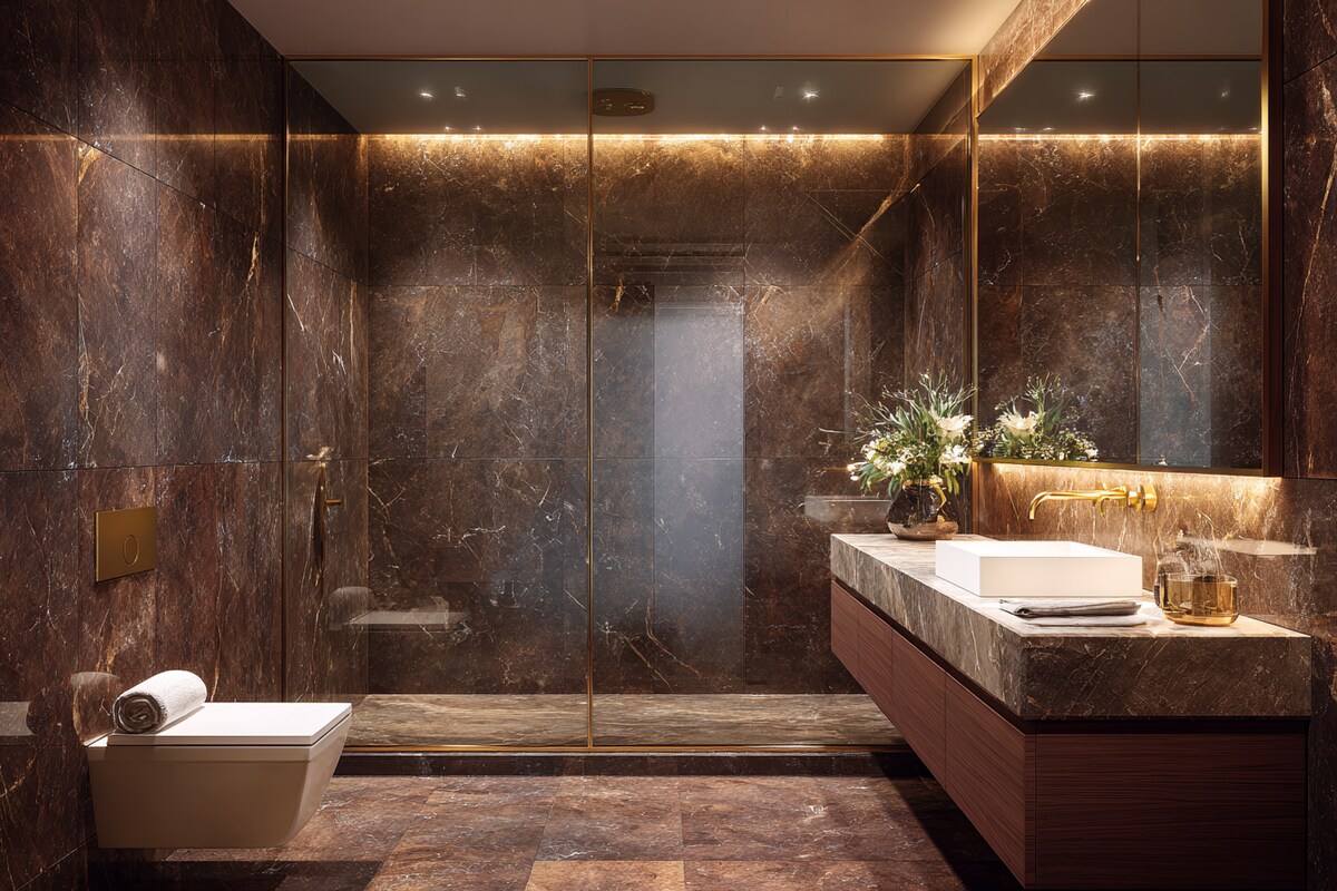 Modern Brown Bathroom Design With Marble Wall Tiles