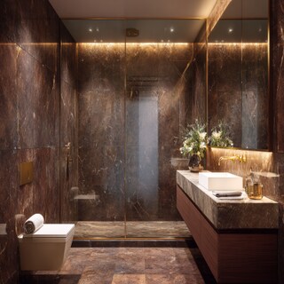 Modern Brown Bathroom Design With Marble Wall Tiles