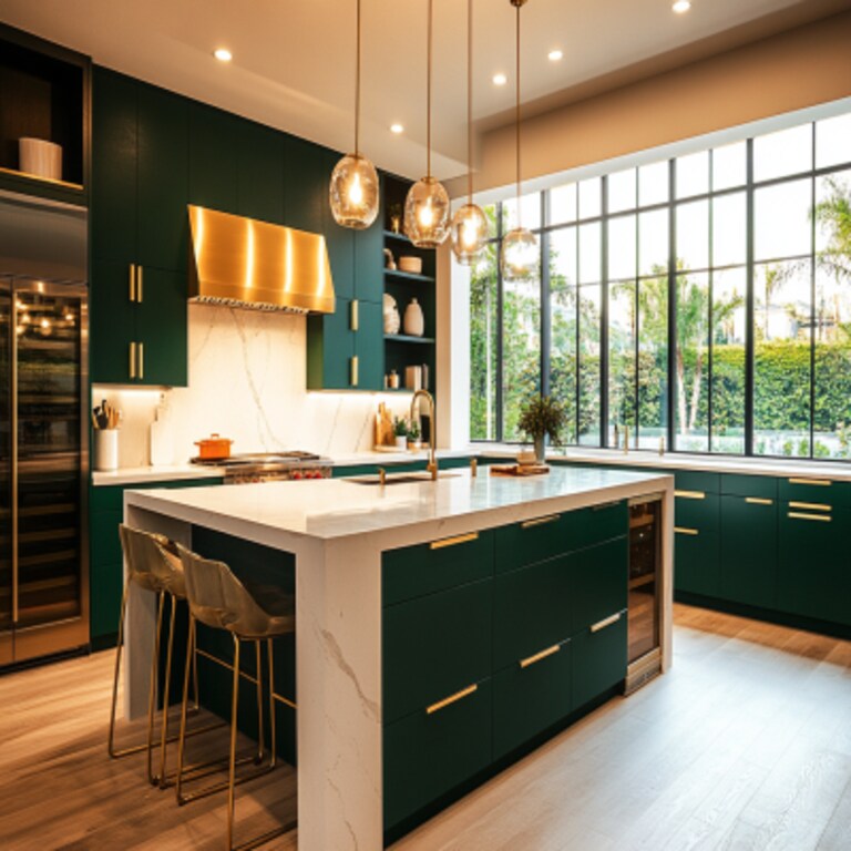 Modern Caribe Green Island Kitchen Design with Gold Touches