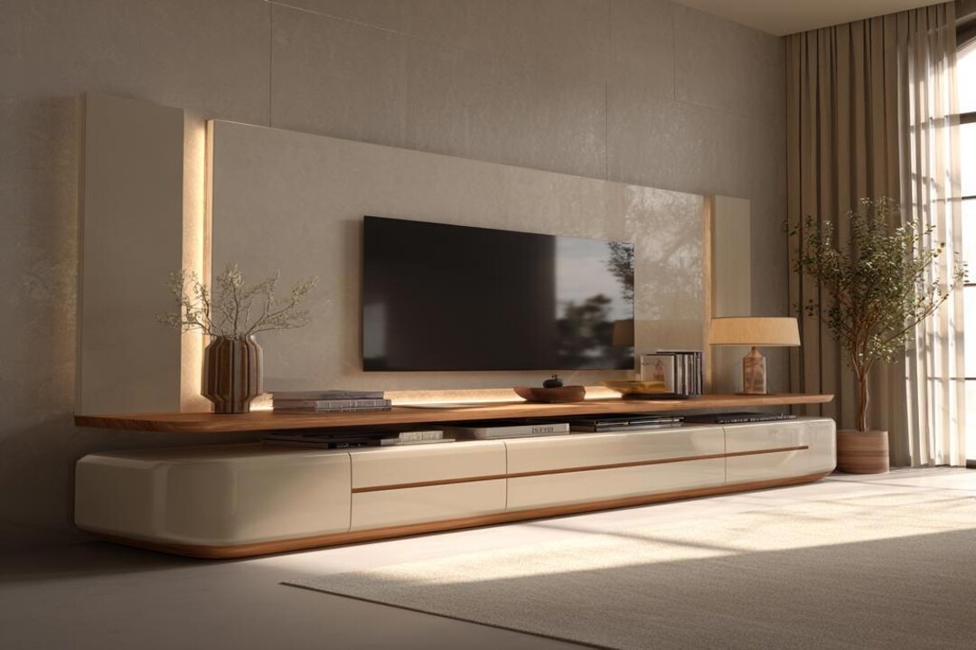 Modern Champagne TV unit design with Wood Accents and Drawers