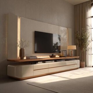 Modern Champagne TV Unit Design with Wood Accents and Drawers