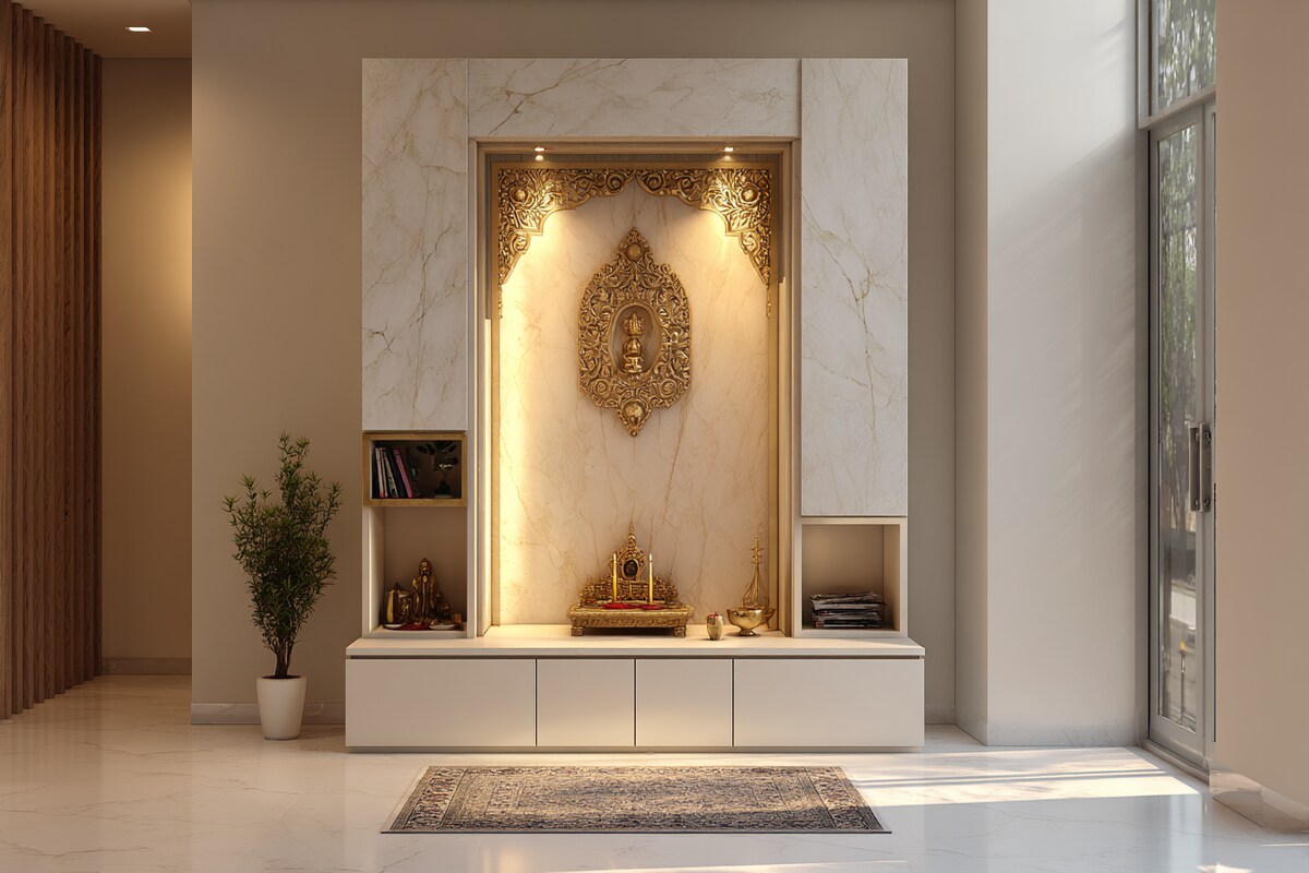 Modern Compact Pooja Room Design With Elegant Décor Modern Compact Pooja Room Design With Elegant Décor
