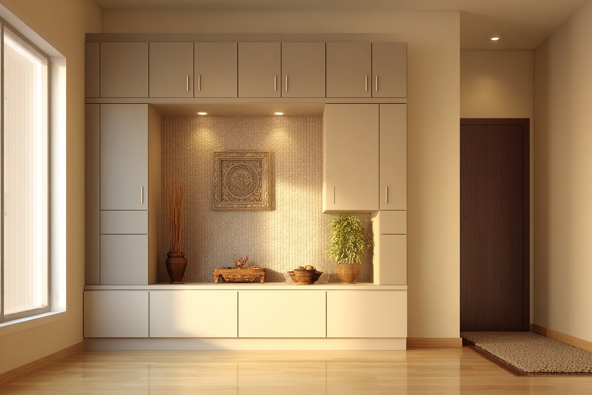Modern Convenient Pooja Room Design With Storage Space