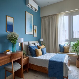Modern Cream and Blue Wall Colour Combination for Bedroom with Wooden Desk and Linen Curtains
