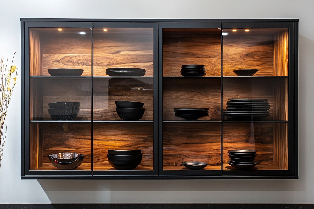 Modern Crockery Unit Design with Black Glass and Wood Wall Unit
