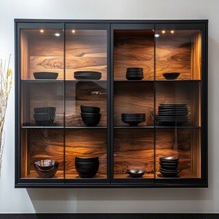 Modern Crockery Unit Design with Black Glass and Wood Wall Unit