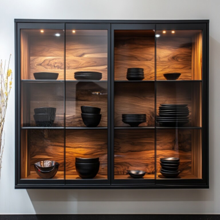 Modern Crockery Unit Design with Black Glass and Wood Wall Unit Modern Crockery Unit Design with Black Glass and Wood Wall Unit