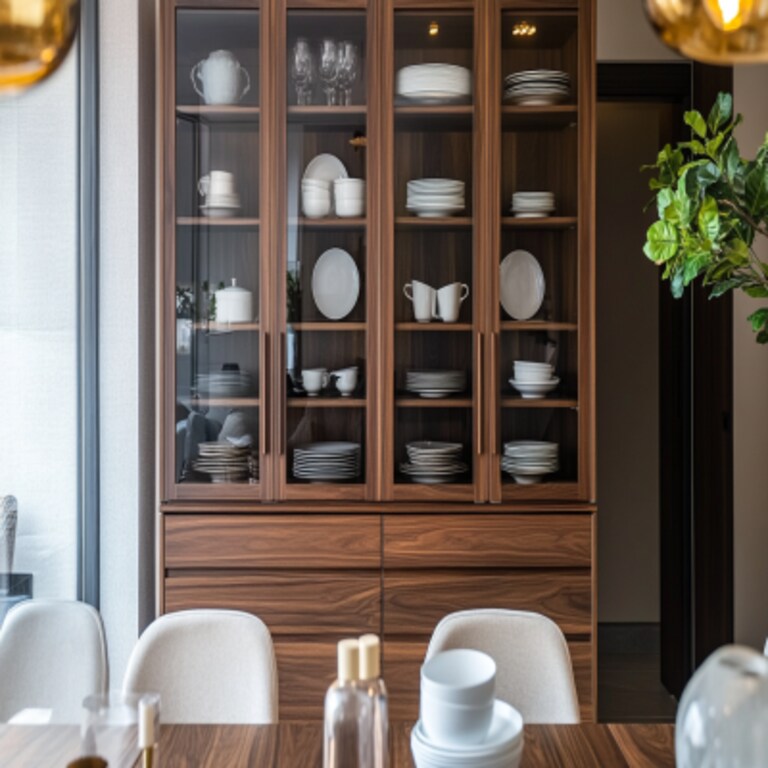 Modern Crockery Unit Design with Glass Doors and Drawers Modern Crockery Unit Design with Glass Doors and Drawers