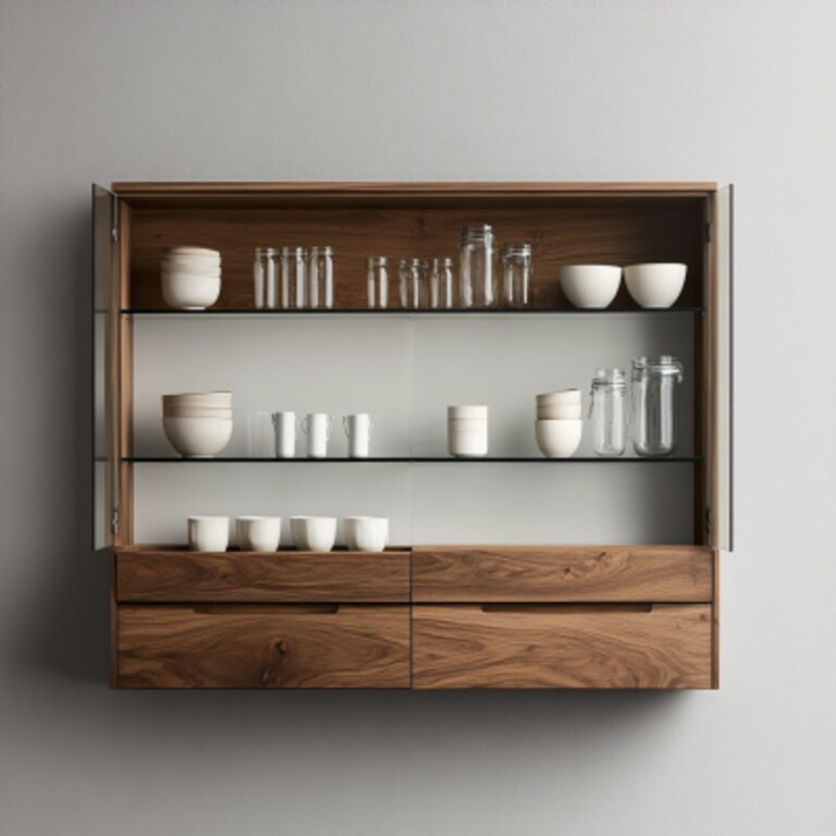Modern Crockery Unit Design with Glass Shelves and Drawer Storage Modern Crockery Unit Design with Glass Shelves and Drawer Storage