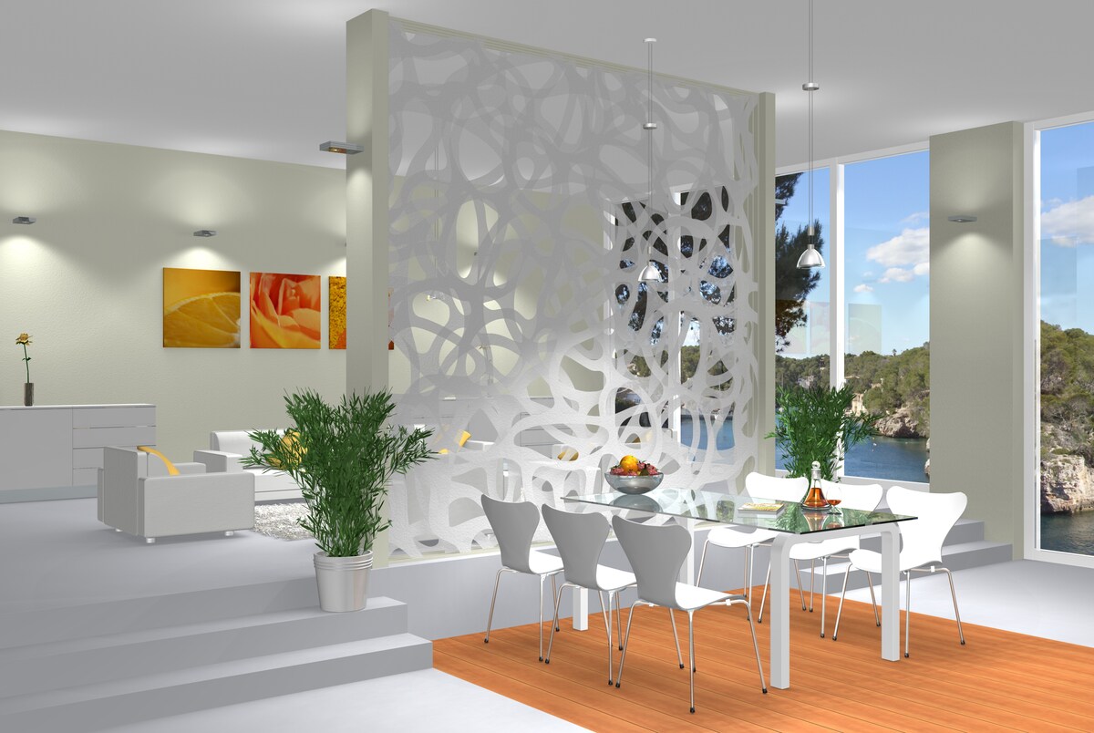 Living Room Design With Asymmetrical White Coloured Partition