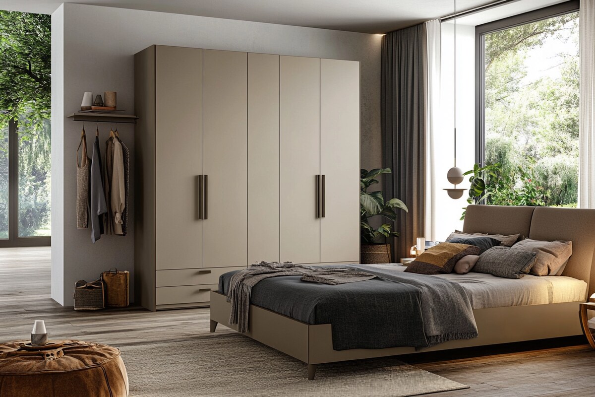 Modern Eclectic 4-Door Swing Wardrobe Design in Sand Satin Matte Finish Modern Eclectic 4-Door Swing Wardrobe Design in Sand Satin Matte Finish