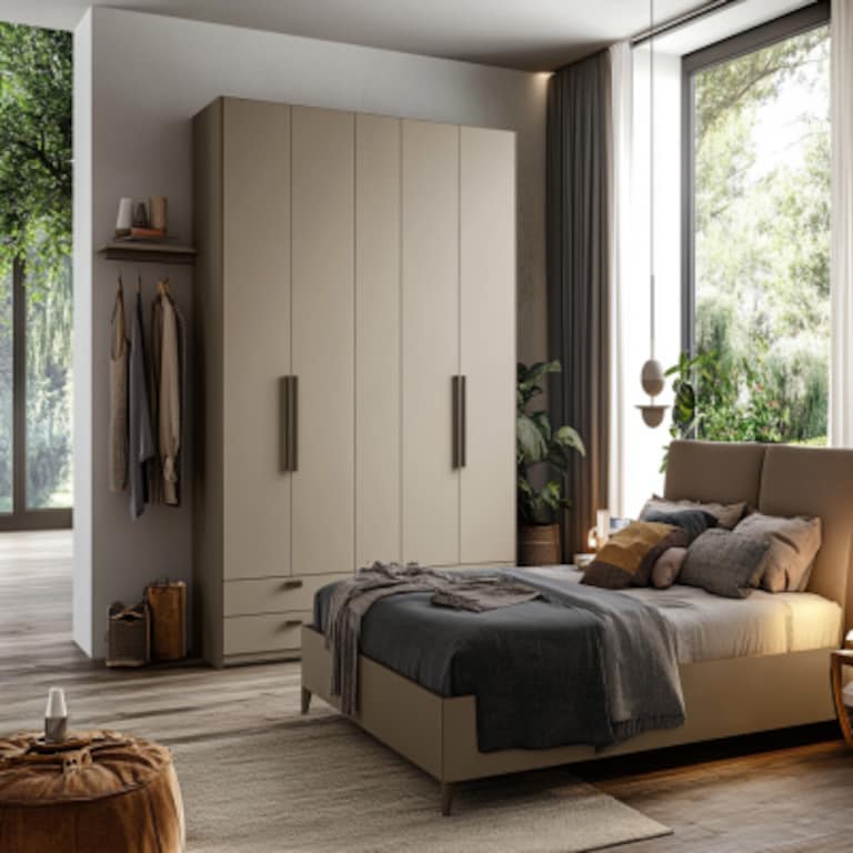 Modern Eclectic 4-Door Swing Wardrobe Design in Sand Satin Matte Finish