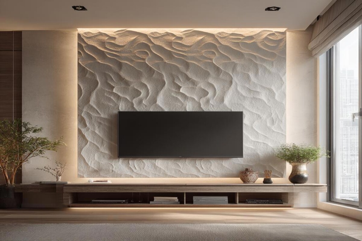 Modern Floating TV Unit Design with Carved Wall Feature Modern Floating TV Unit Design with Carved Wall Feature