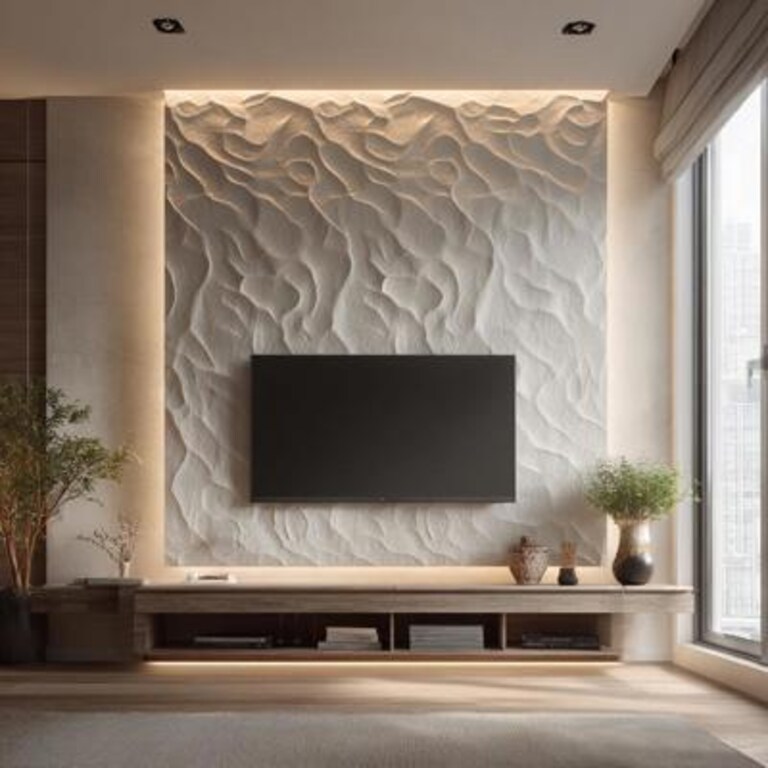 Modern Floating TV Unit Design with Carved Wall Feature