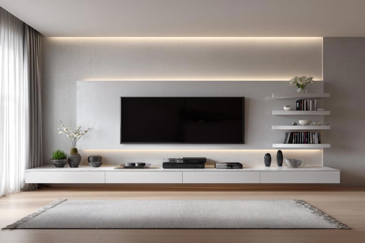 Modern Floating TV Unit Design with Silver and White Finish Modern Floating TV Unit Design with Silver and White Finish