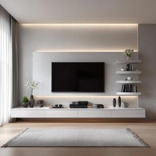 Modern Floating TV Unit Design with Silver and White Finish