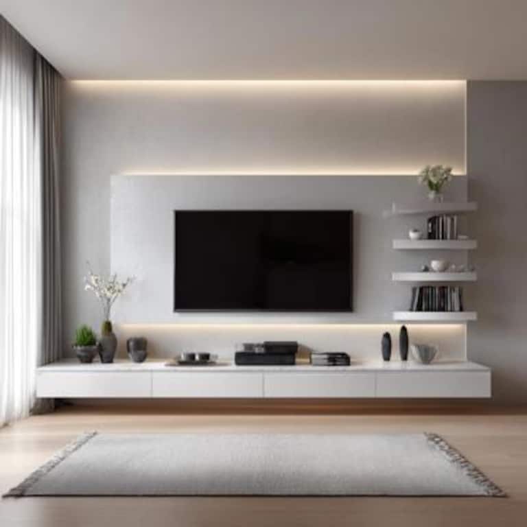 Modern Floating TV Unit Design with Silver and White Finish
