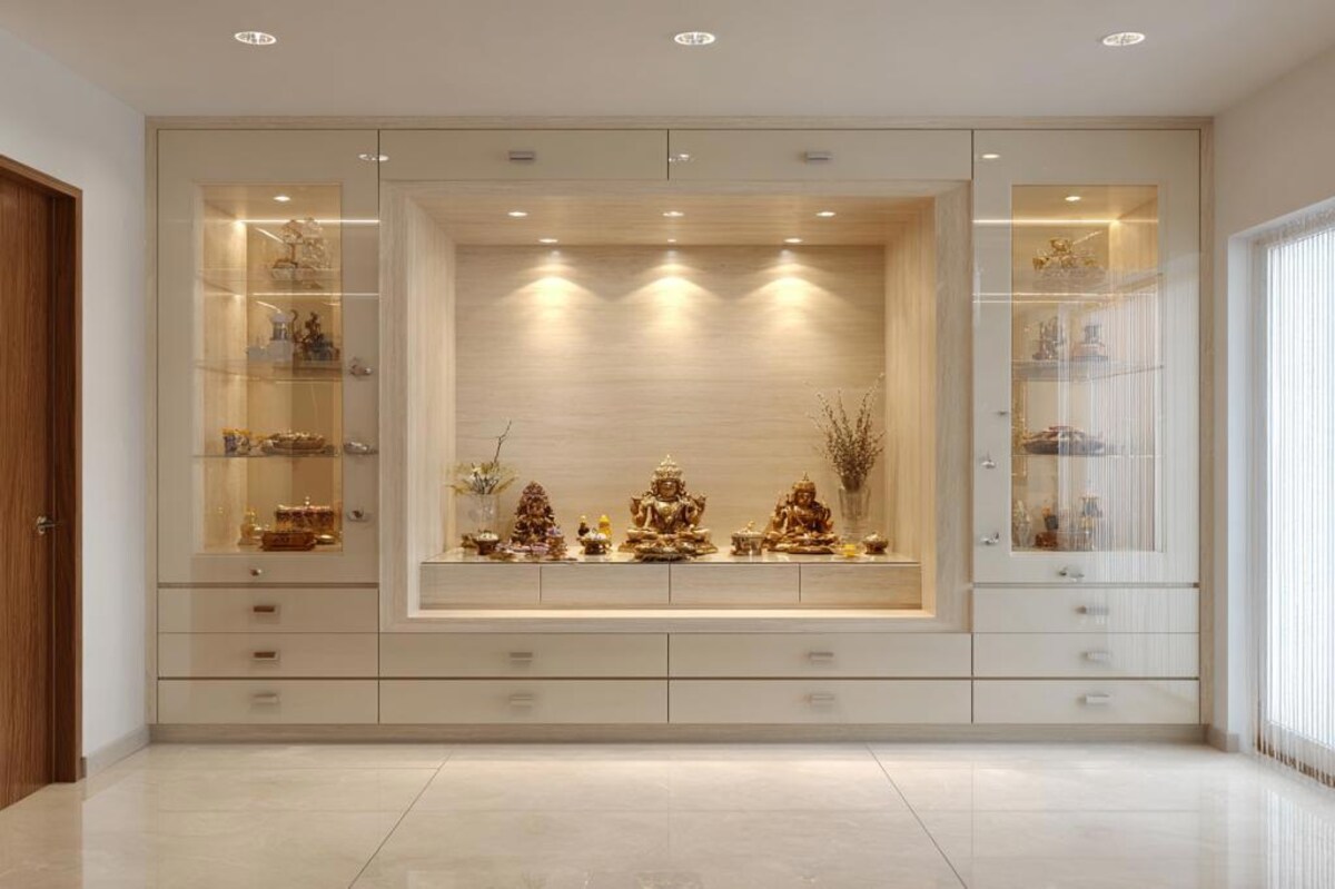 Modern Floor Mounted Pooja Design with Drawers and Backlit Glass Display Cabinets