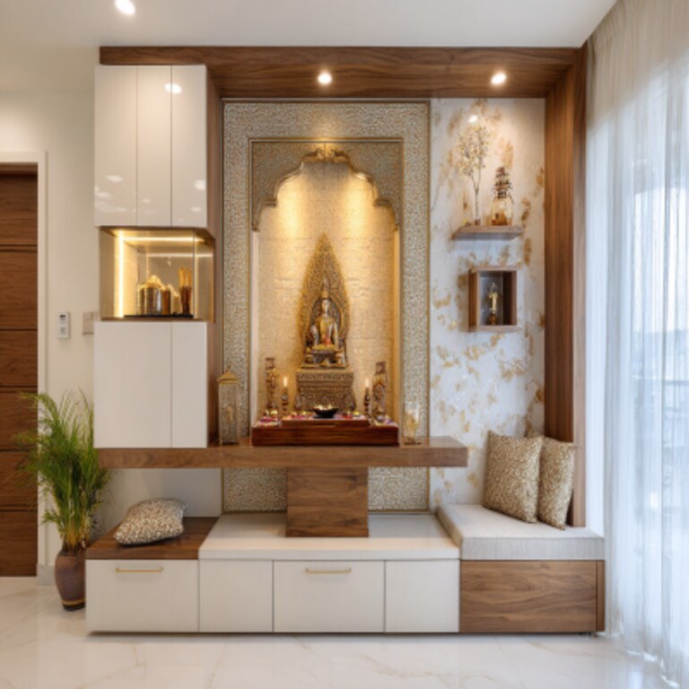 Modern Floor-Mounted Pooja Unit Design in White and Sandy Fossil