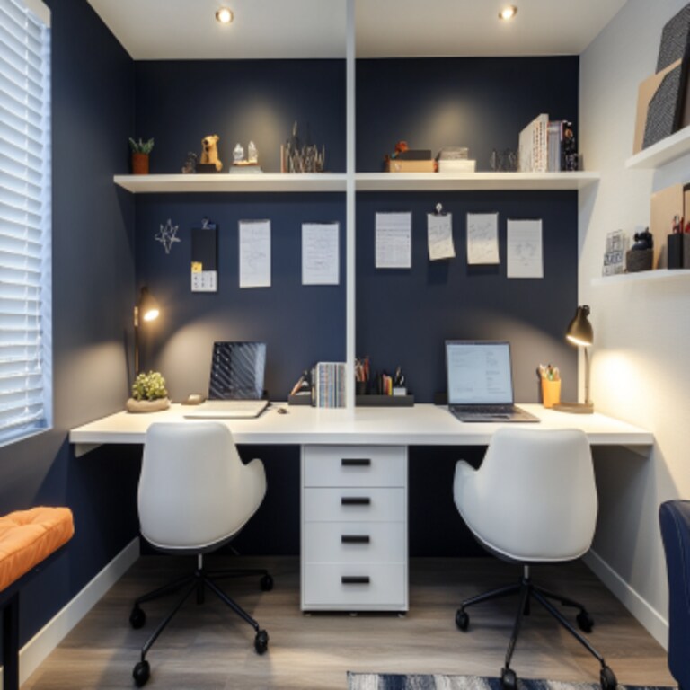 Modern Frosty White And Dark Blue Study Room Design For Two Modern Frosty White And Dark Blue Study Room Design For Two