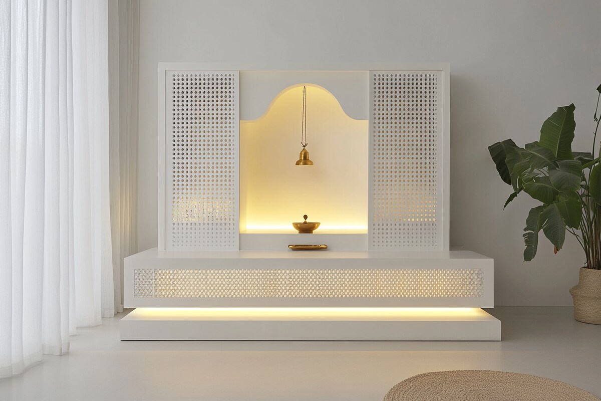 Modern Frosty White Floor-Mounted Mandir Design With Door Perforations And Decorative Bells Modern Frosty White Floor-Mounted Mandir Design With Door Perforations And Decorative Bells