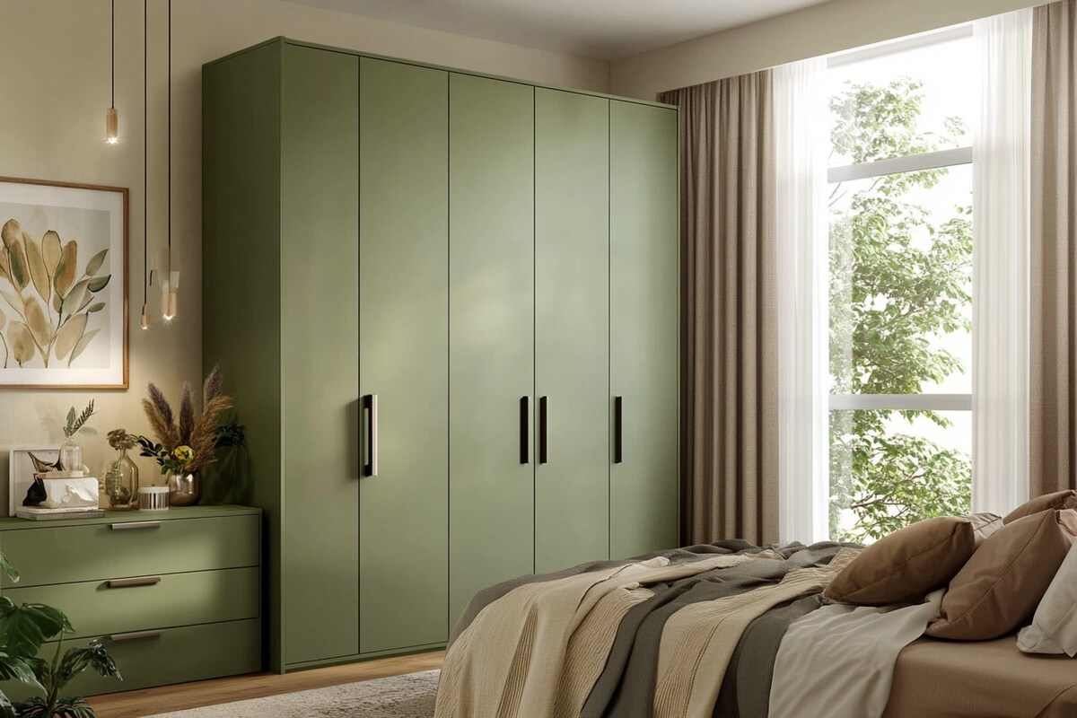 Modern Full-Height Wardrobe Design in Desert Green Finish Modern Full-Height Wardrobe Design in Desert Green Finish